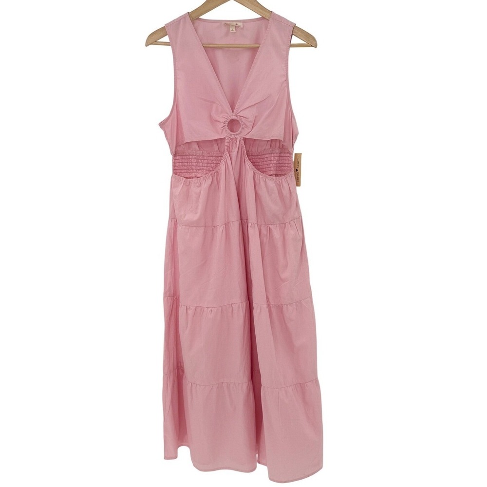 NWT Derek Heart Womens Pink Cotton Tiered Ring Cutout Smocked Midi Dress Large